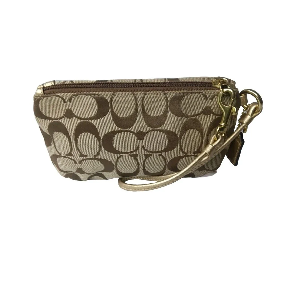 Vintage Coach Signature C Leather Trim Wristlet Khaki & Gold Turnlock - Picture 2 of 7